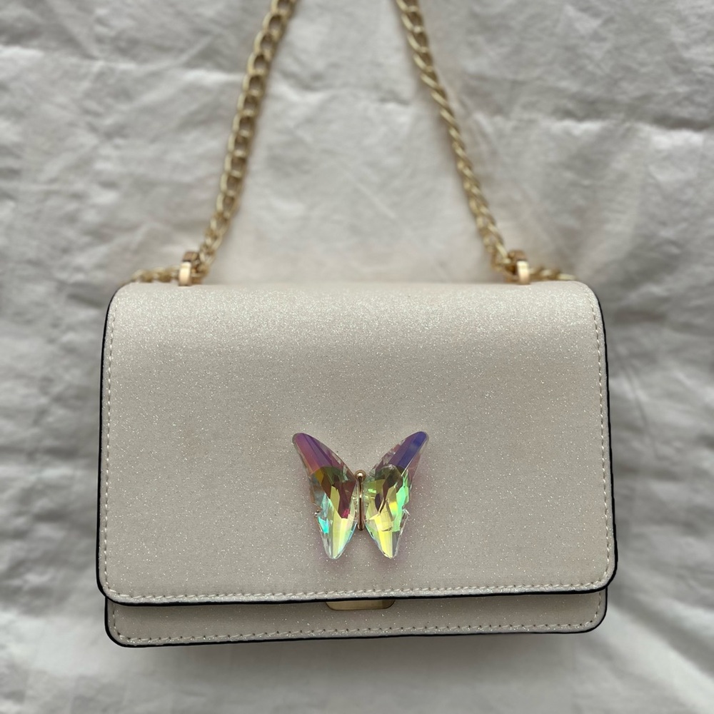 Aldo Glitter Cream Bag with Iridescent Glass Butterfly Accent